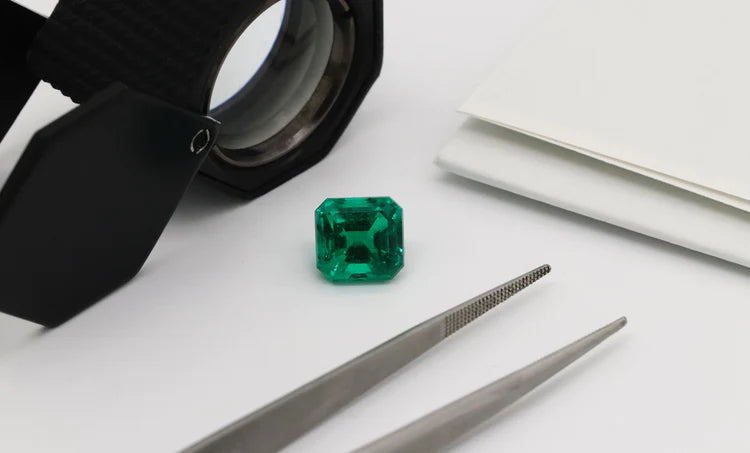 Green gemstone on table for repair